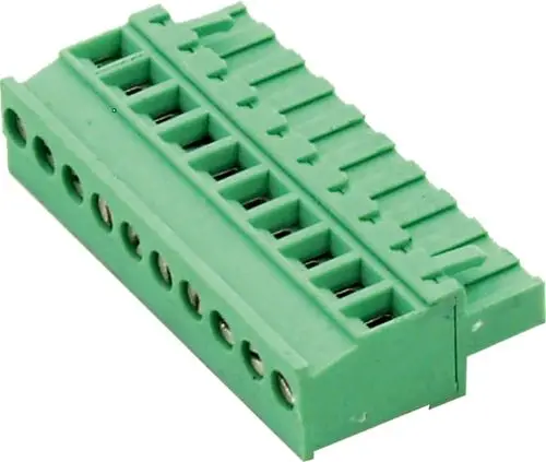 Grüner Stecker mit mehreren Anschlussmöglichkeiten, offenbar von Wolf, geeignet für die Verbindung elektrischer Bauteile.